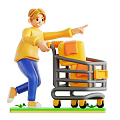 Man Pushing Shopping Cart With Packages Pointing To Store Aisle While Shopping