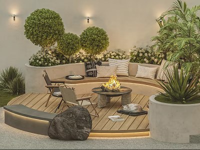Modern Outdoor Sofa On Wooden Deck With Fire Pit Green Plants And Cozy Cushions 3d model