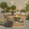 Modern Outdoor Sofa On Wooden Deck With Fire Pit Green Plants And Cozy Cushions
