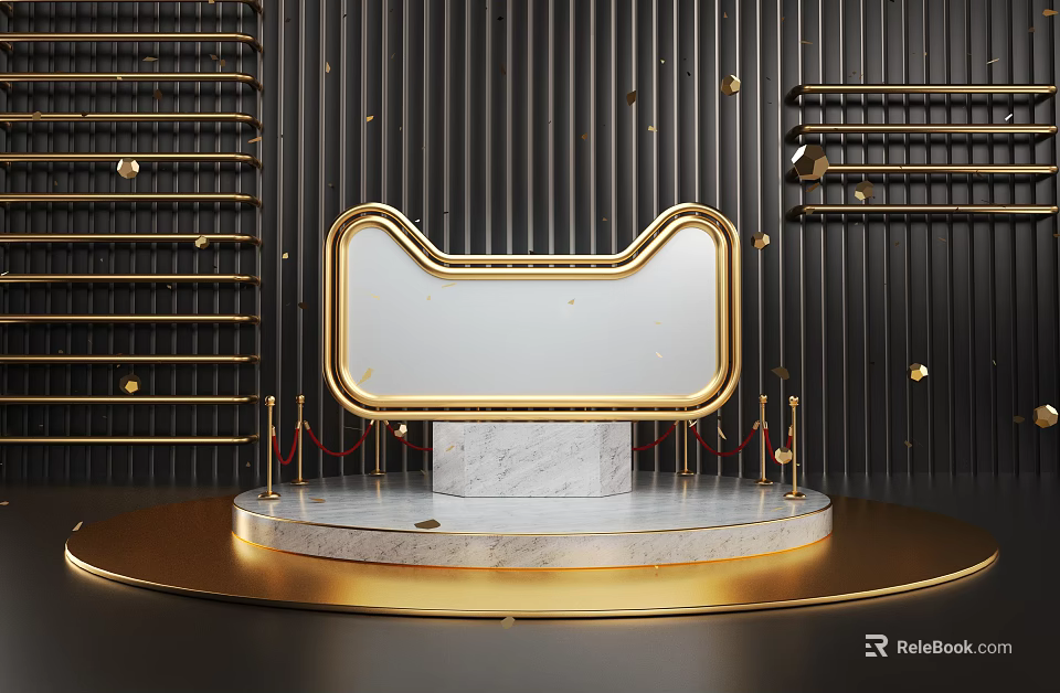 Luxury Display Stand With Golden Frame White Panel Marble Base On Black Background With Decorations 3d model 