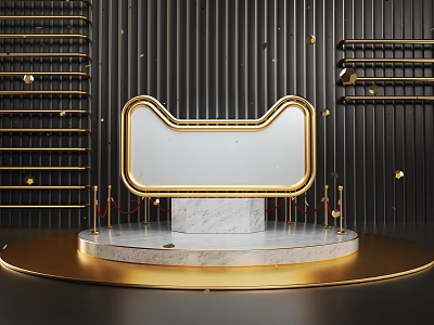 Luxury Display Stand With Golden Frame White Panel Marble Base On Black Background With Decorations 3d model