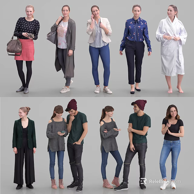 Group Of People In Different Casual Outfits Standing With Various Poses 3d model 