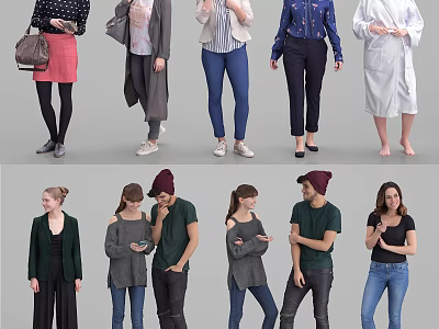 Group Of People In Different Casual Outfits Standing With Various Poses 3d model