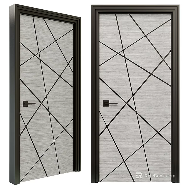 Modern Double Swing Doors With Geometric Line Patterns And Black Frames On Light Panels 3d model 