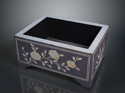 Square Decorative Storage Box with Dark Surface White Floral Leaf Patterns and Small Feet 3d model