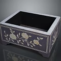 Square Decorative Storage Box with Dark Surface White Floral Leaf Patterns and Small Feet 3d model
