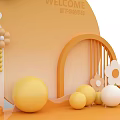 Children's Day Photo Spot With Welcome Sign Yellow White Balloons Decorative Flowers And Curved Structures