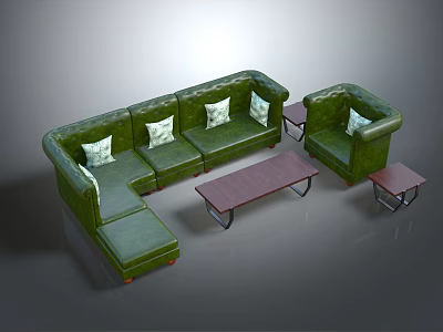 Green L shaped Sofa With White Cushions And Wooden Coffee Table Set With Metal Legs 3d model