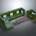 Green L shaped Sofa With White Cushions And Wooden Coffee Table Set With Metal Legs