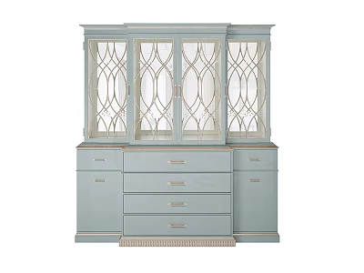 Elegant Light Blue Display Cabinet With Patterned Glass Doors and Drawer Storage 3d model