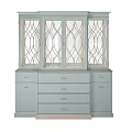 Elegant Light Blue Display Cabinet With Patterned Glass Doors and Drawer Storage