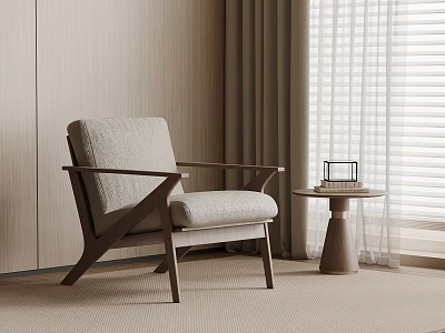 Modern Leisure Chair With Wooden Frame Upholstered Seat And Side Table In Minimalist Room 3d model