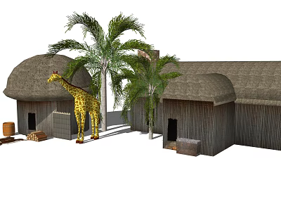 Traditional African Village Scene With Thatched Roof Huts Giraffe And Palm Trees 3d model