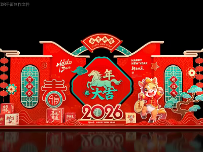 Chinese New Year 2026 Dragon Year Art Installation With Red Decorations Lanterns And Cartoon Tiger 3d model