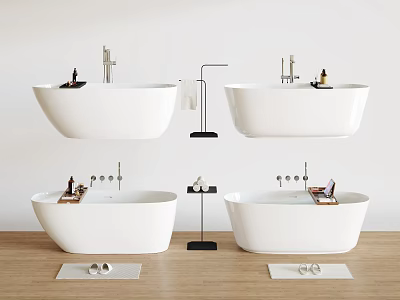 Modern Bathtubs In Minimalist Bathroom With Wooden Floor And Fixtures 3d model