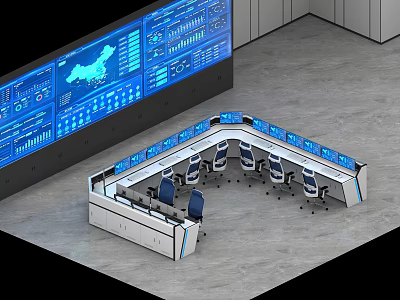 Modern Control Room Featuring Large Blue Display Wall Curved Control Desk And Multiple Screens 3d model