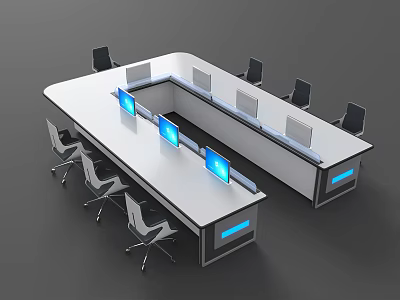 Modern Office Desk with Long Shape Multiple Computer Monitors Office Chairs and Blue Lighting 3d model