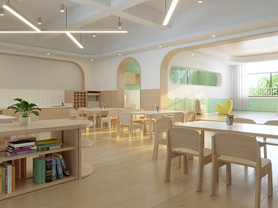 Bright Kindergarten Interior With Wooden Furniture Bookshelves And Natural Light 3d model