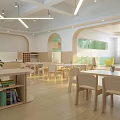 Bright Kindergarten Interior With Wooden Furniture Bookshelves And Natural Light