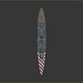 Large Military Battleship with Red White Striped Bow Blue Hull and Turrets on Deck