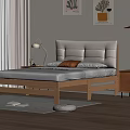 Modern Double Bed With White Headboard Wooden Frame Nightstand Table Lamp And Wall Art