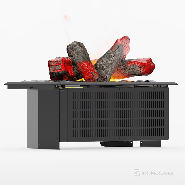 Modern Black Fireplace With Burning Logs Flames And Grille Design 3d model 