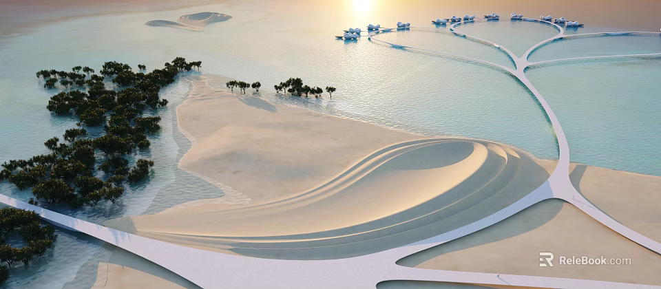 Breathtaking Natural Landscape With Curved Sand Dunes Calm Water Sunset Boats And Palm Trees 3d model 