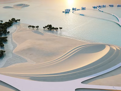 Breathtaking Natural Landscape With Curved Sand Dunes Calm Water Sunset Boats And Palm Trees 3d model