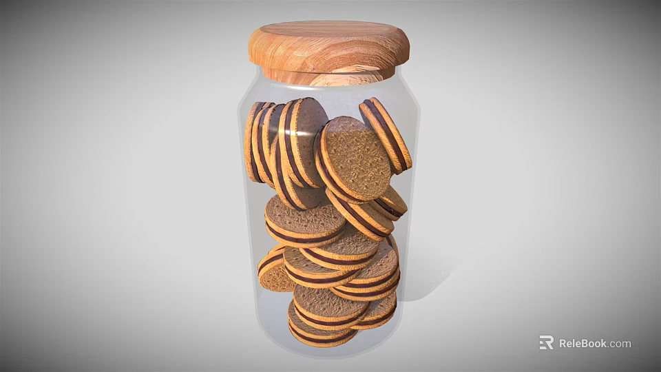 Fresh Delicious Round Cookies Stacked In Glass Jar With Wooden Lid 3d model 