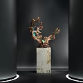 Decorative Ornament Set With Copper Green Artistic Sculpture On Marble Pedestal And Black Backdrop