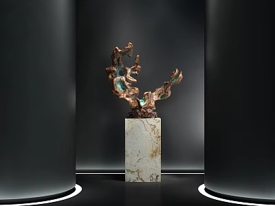 Decorative Ornament Set With Copper Green Artistic Sculpture On Marble Pedestal And Black Backdrop 3d model