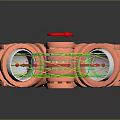 Copper Colored Spiral Technical Equipment With Central Red Cylinder And Glowing Green Yellow Lines