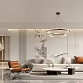 Modern Living Dining Room Interior With Circular Chandelier TV Wall Fireplace Coffee Table And Armchair