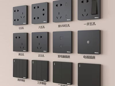 Black Switch Panels With Multiple Types Including USB Ports TV And Computer Sockets And Controls 3d model