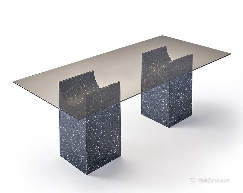 Modern Minimalist Dining Table With Smoky Glass Top And Dark Blue Speckled Square Legs 3d model 
