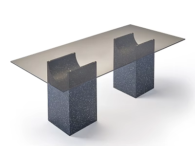 Modern Minimalist Dining Table With Smoky Glass Top And Dark Blue Speckled Square Legs 3d model
