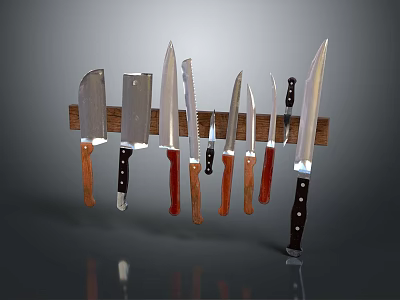 Various Sharp Weapons Knives With Different Handle Materials On Display Rack 3d model