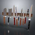 Various Sharp Weapons Knives With Different Handle Materials On Display Rack