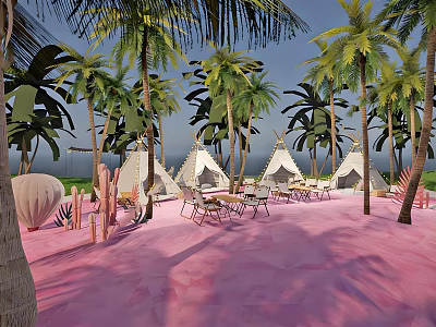 Waterside Landscape with Palm Trees White Tents Pink Ground and Outdoor Furniture 3d model
