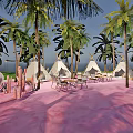 Waterside Landscape with Palm Trees White Tents Pink Ground and Outdoor Furniture