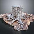 Natural Wooden Stump With Exposed Roots And Rustic Stone Textured Base Design