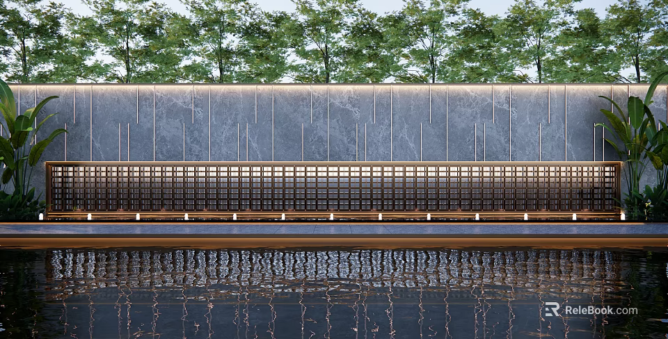 Modern Feature Wall Design With Stone Surface Metal Strips Green Trees And Water Reflection Elements 3d model 