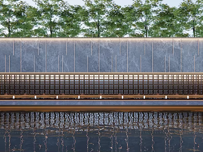 Modern Feature Wall Design With Stone Surface Metal Strips Green Trees And Water Reflection Elements 3d model