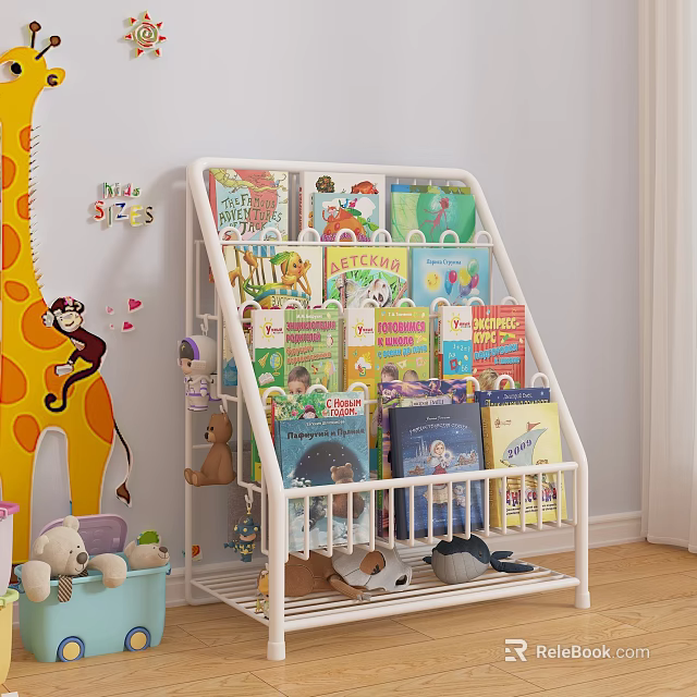 White Multi tiered Kids Bookshelf With Colorful Children Books Stuffed Toys And Wall Decor 3d model 