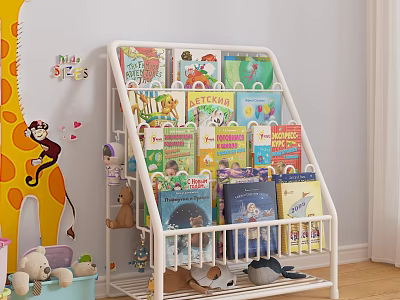 White Multi tiered Kids Bookshelf With Colorful Children Books Stuffed Toys And Wall Decor 3d model