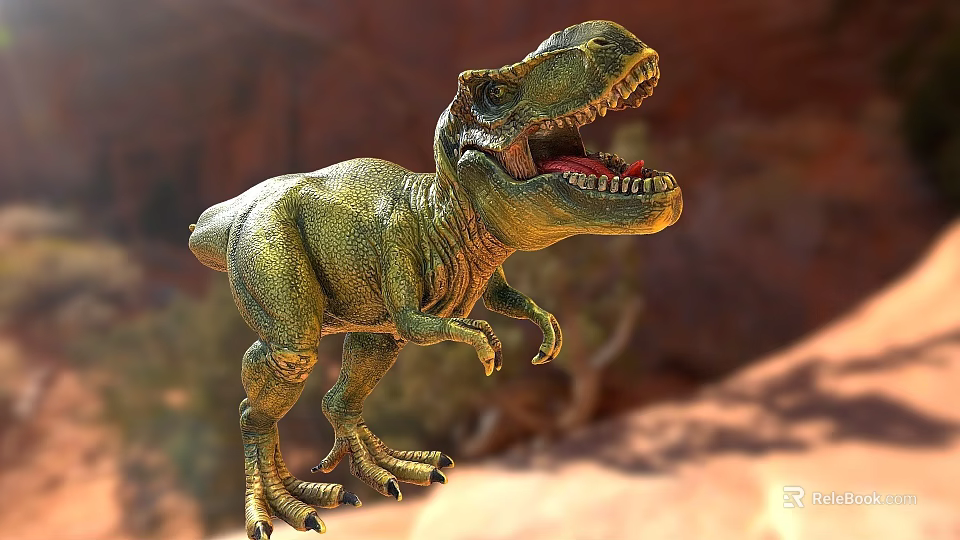 Green T-Rex Dinosaur Model With Open Mouth In Red Rock Natural Setting 3d model 