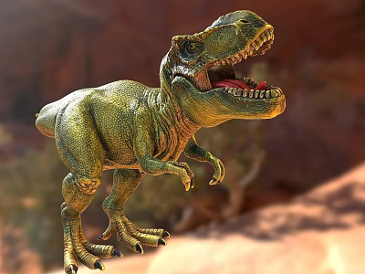 Green T-Rex Dinosaur Model With Open Mouth In Red Rock Natural Setting 3d model