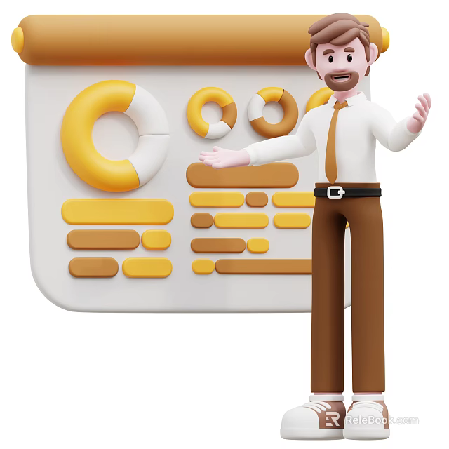 Business Man Presenting Data Charts With Yellow Rings And Bar Graphs 3d model