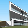 Modern Two Story Detached Villa Exterior With Large Glass Windows And Balconies