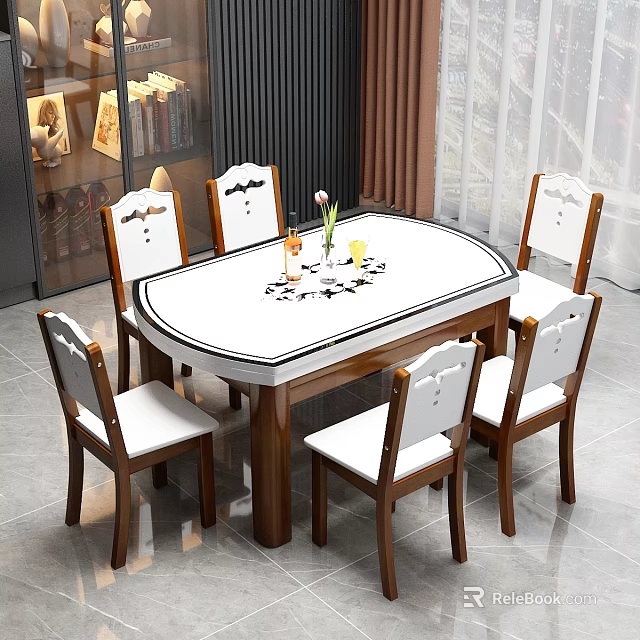 Elegant Oval Dining Table Set With Six Wooden Chairs Decorative Backrests And White Upholstery 3d model 
